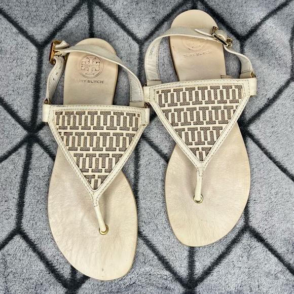 Tory Burch Leather Off White Gold Logo Thong Sandal Flip Flops - Picture 2 of 6